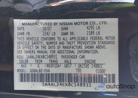 2008 Nissan Altima 2.5 S from USA, damaged, VIN 1N4AL24EX8C148931